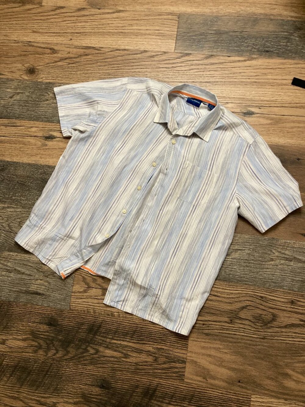 Tommy Bahama Men's XL Silk Tencel Striped Camp Shirt Blue White Short Sleeve
